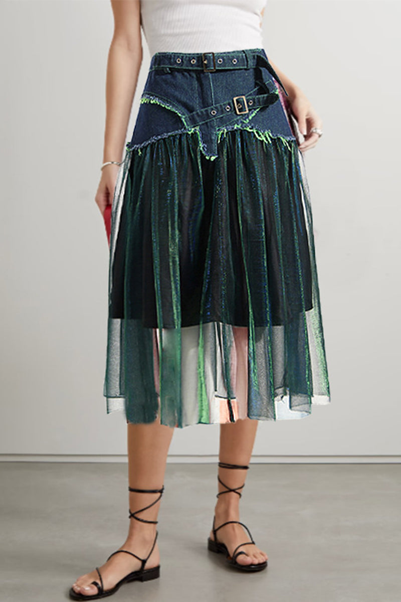 Denim Overlay Sheer Midi Skirt