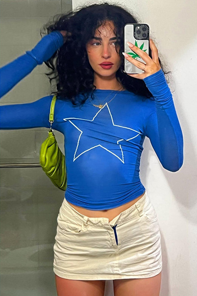 Star Print Mesh Long Sleeve Top