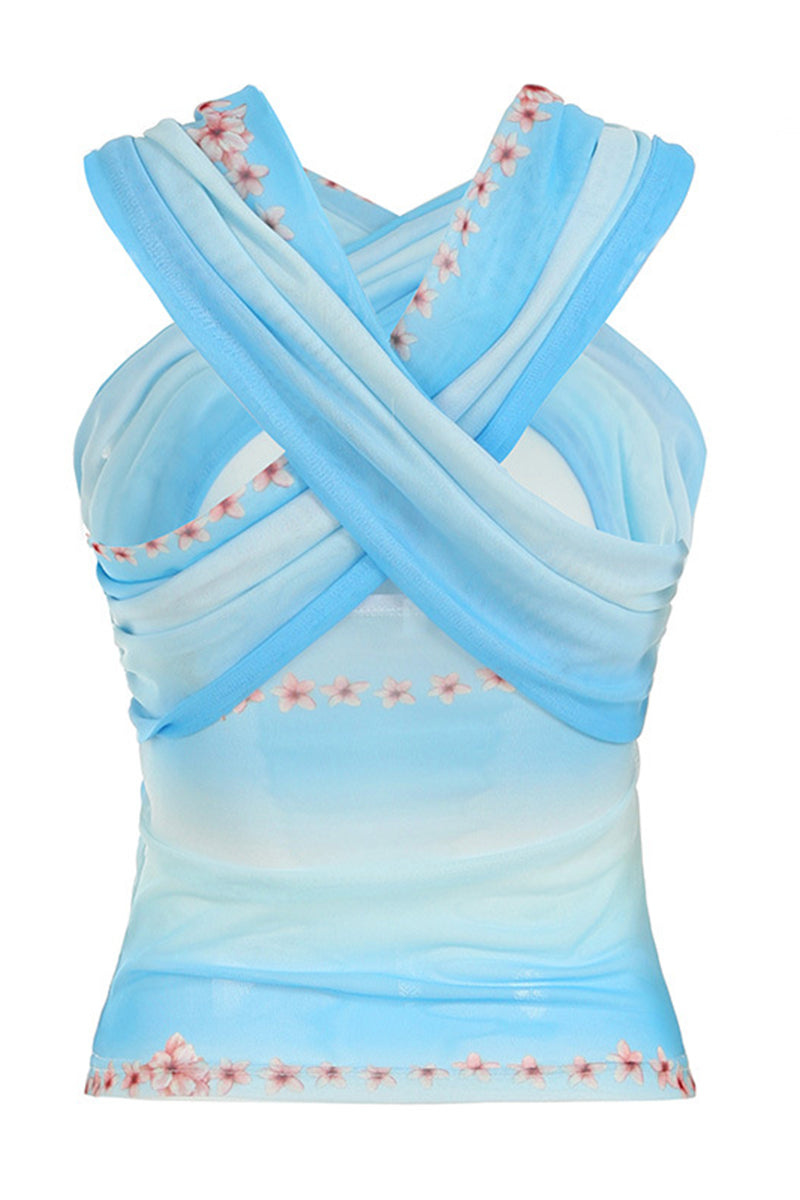 Cross Neck Floral Tank Top