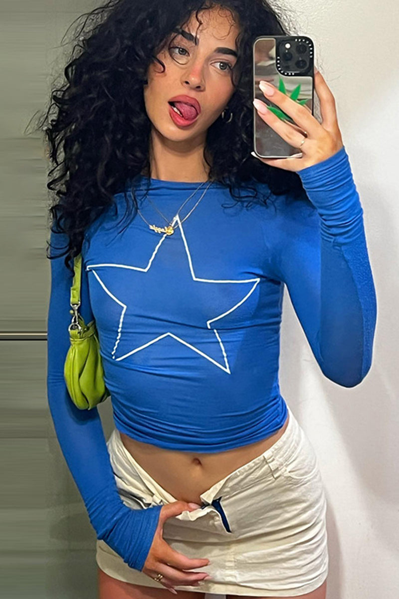 Star Print Mesh Long Sleeve Top