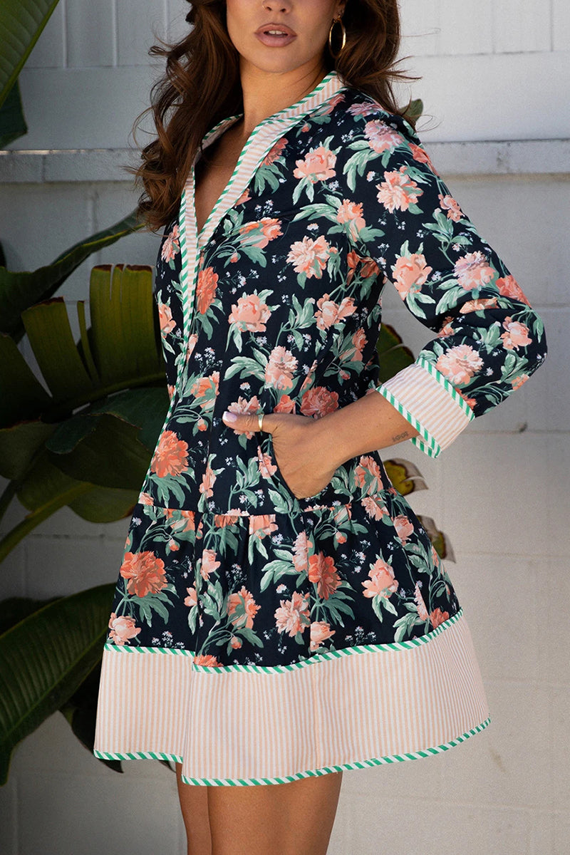 Floral Print Striped Hem Mini Dress