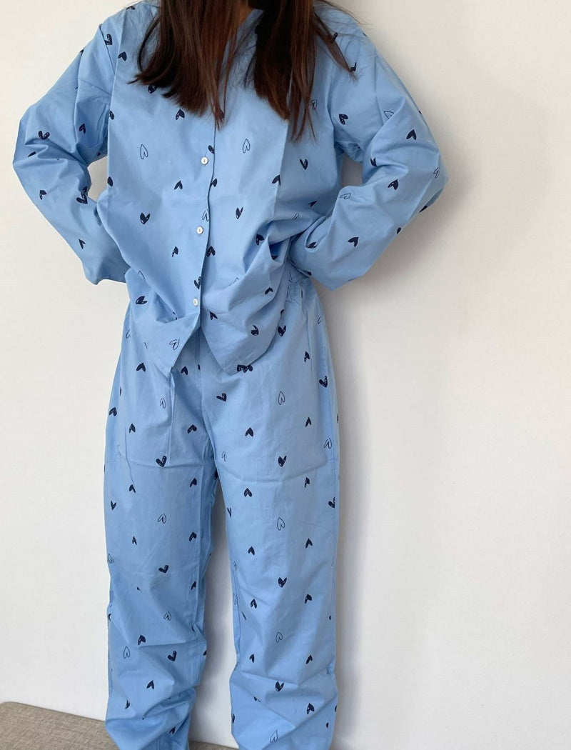 Heart Print Pajama Set with Long Sleeves