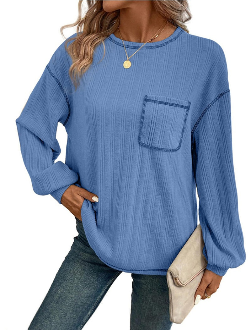 Patch Pocket Ribbed Long-Sleeve Sweater