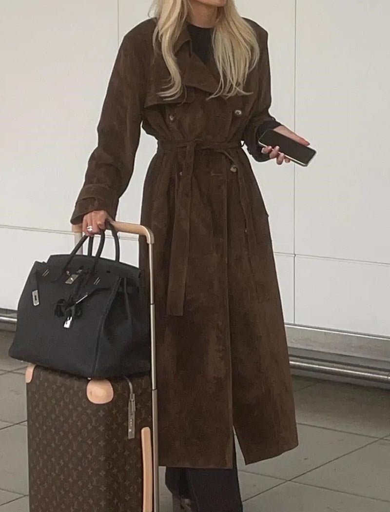 Suede Trench Coat with Tie Waist