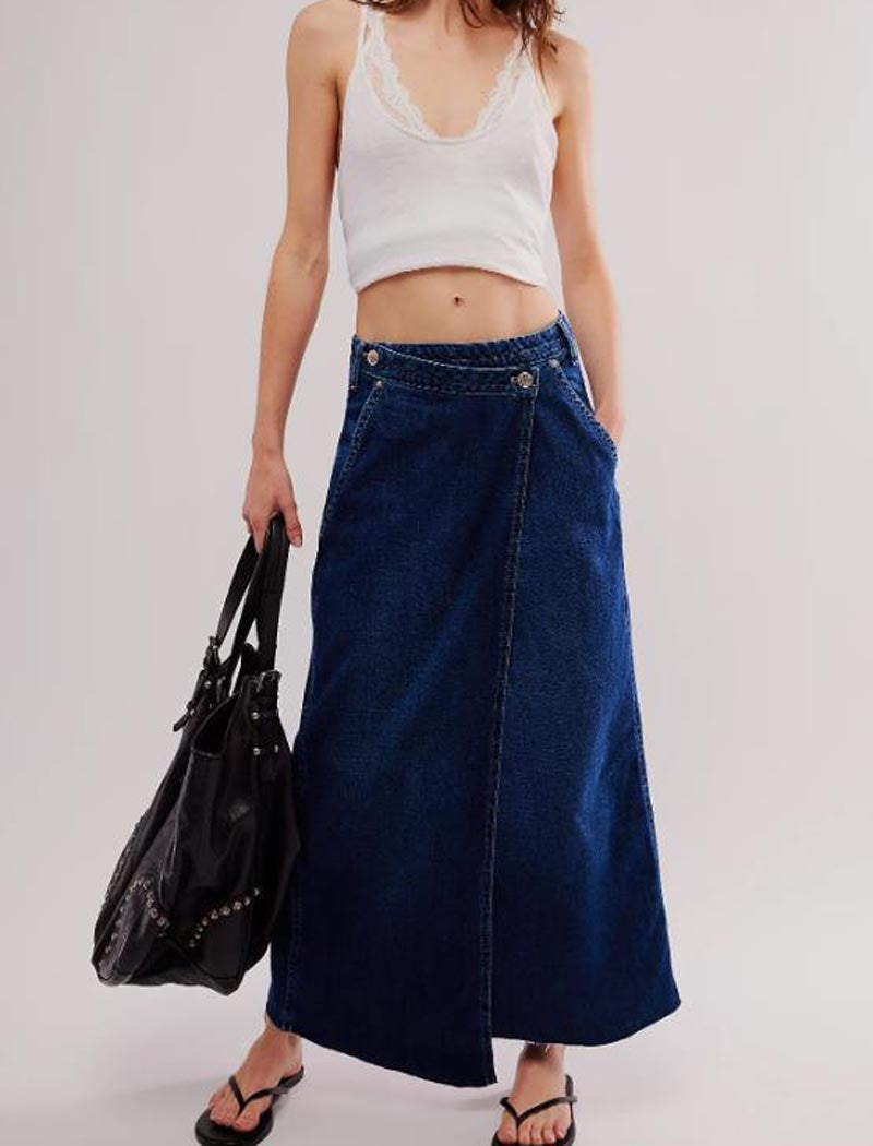 Button-Front Denim Maxi Skirt