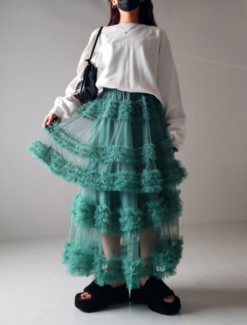 Layered Ruffle Tulle Maxi Skirt