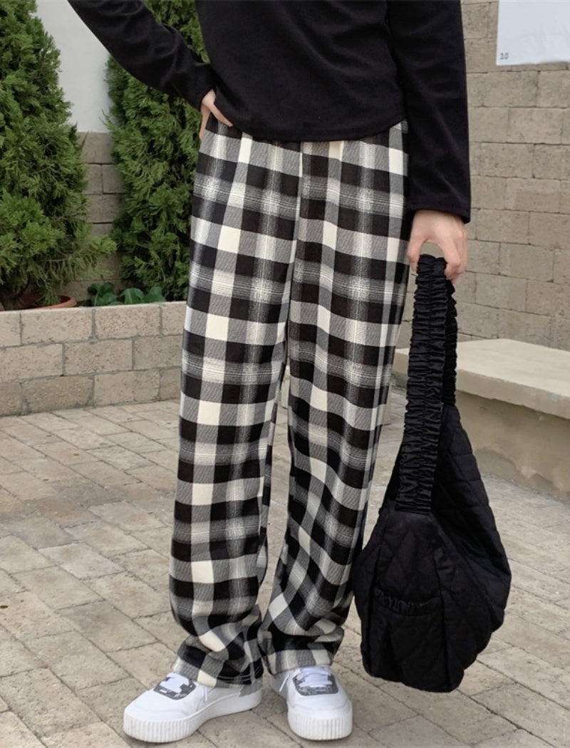 High-Waisted Plaid Straight-Leg Pants