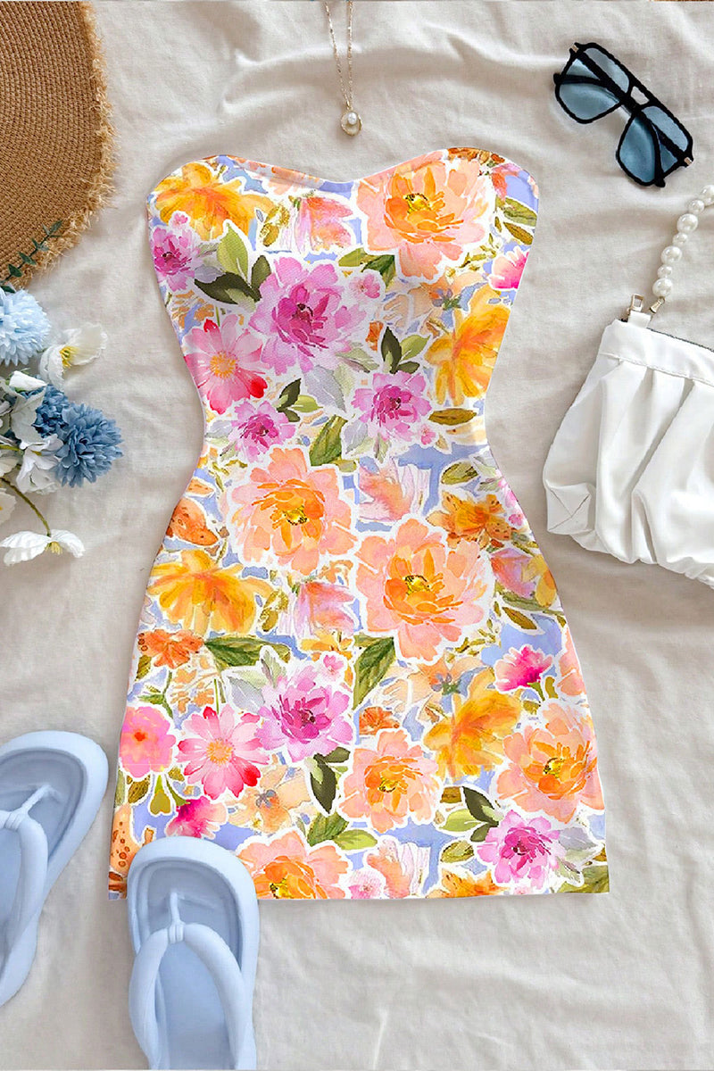Strapless Floral Print Casual Dress