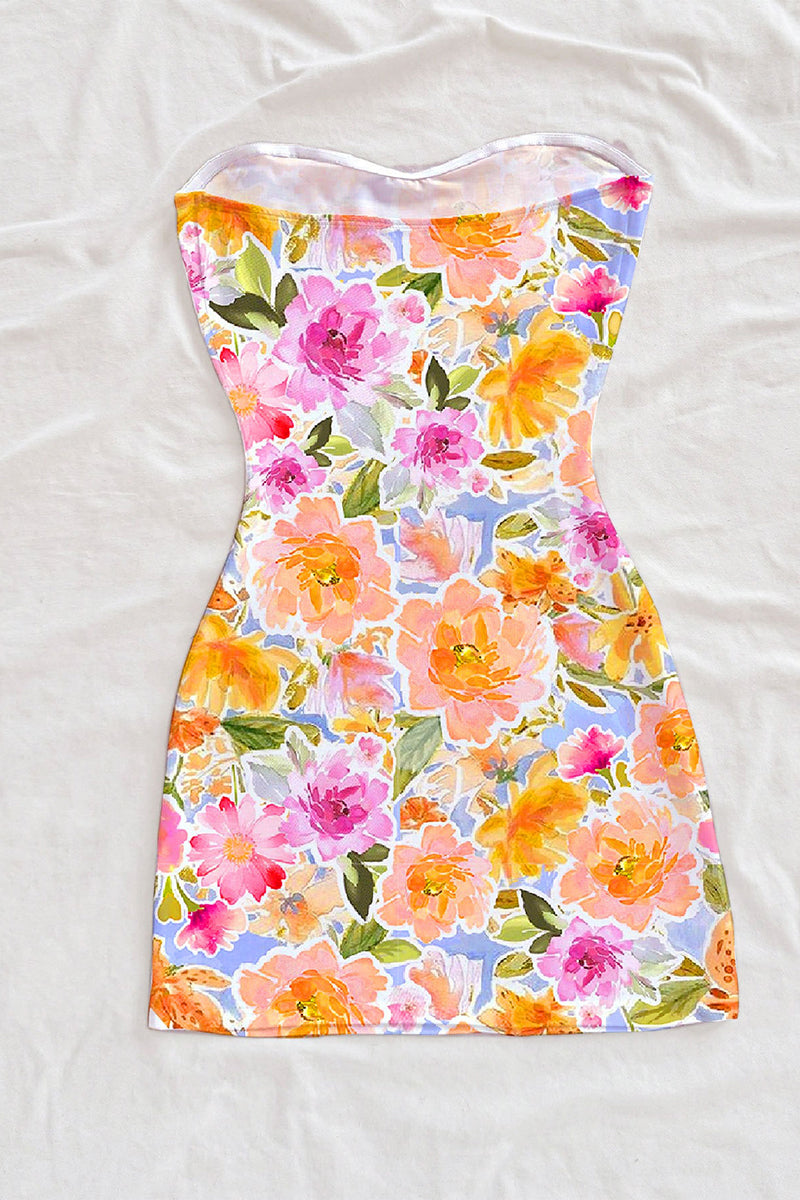 Strapless Floral Print Casual Dress