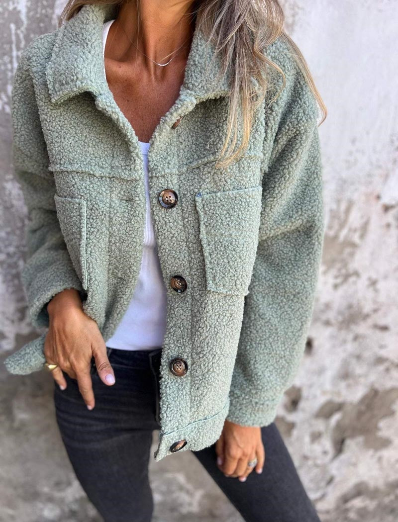 Button-Up Sherpa Jacket with Pockets