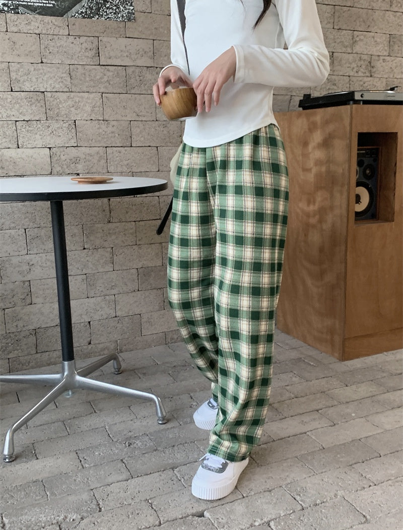 High-Waisted Plaid Straight-Leg Pants