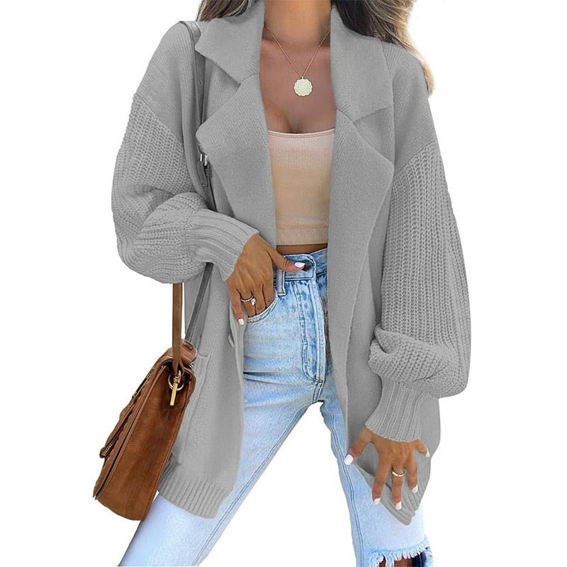 Blazer Collar Long Sleeve Knit Cardigan