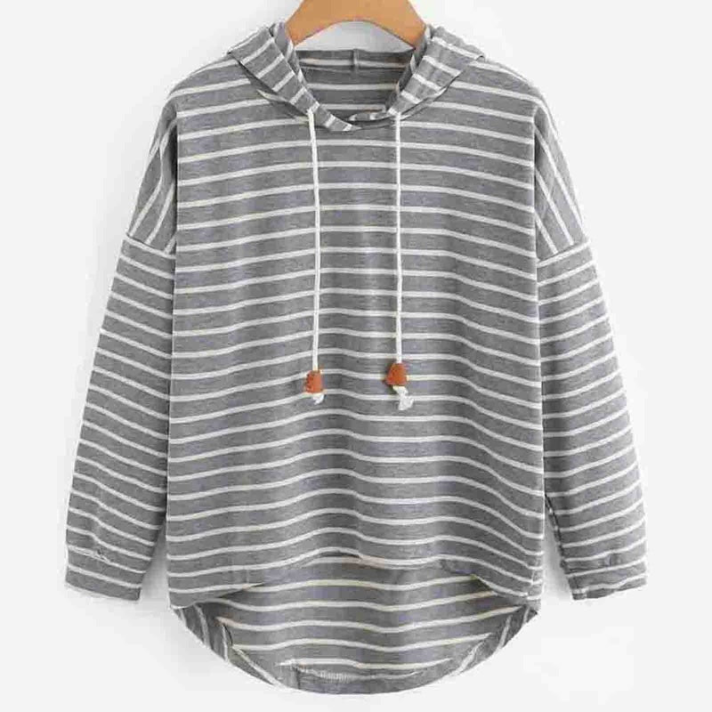 Striped Drawstring Hooded Long Sleeve Top