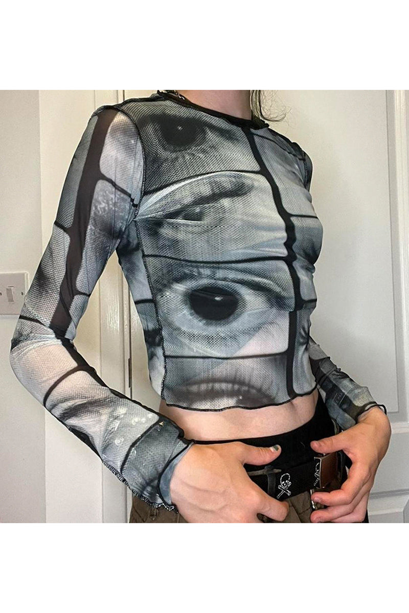 Graphic Mesh Long Sleeve Top