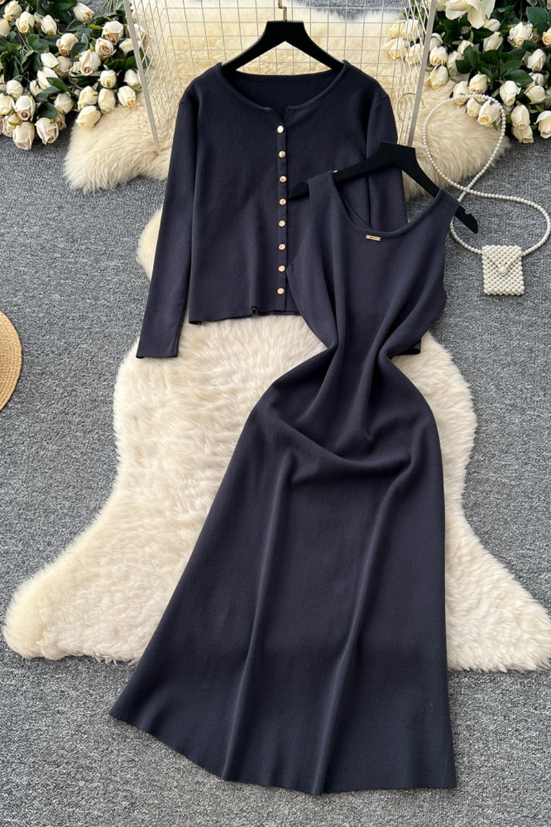 Elegant Knit Skirt Set with Buttoned Cardigan