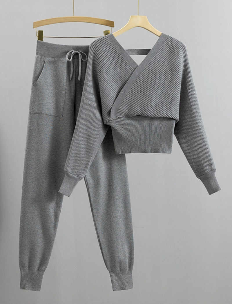 Ribbed Knit Cross-Front Lounge Set