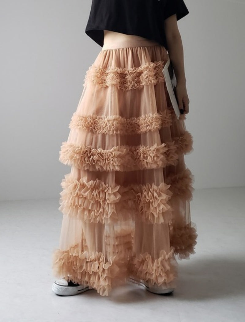 Layered Ruffle Tulle Maxi Skirt