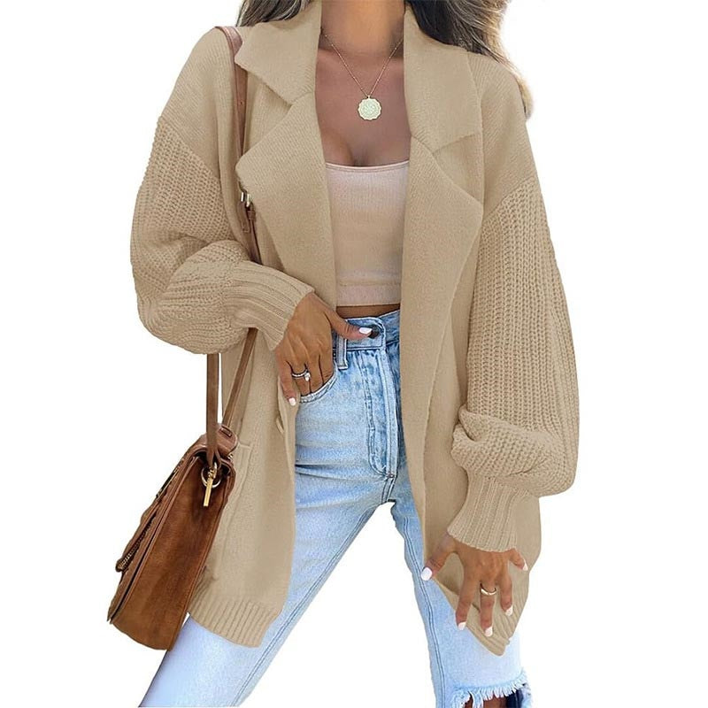 Blazer Collar Long Sleeve Knit Cardigan