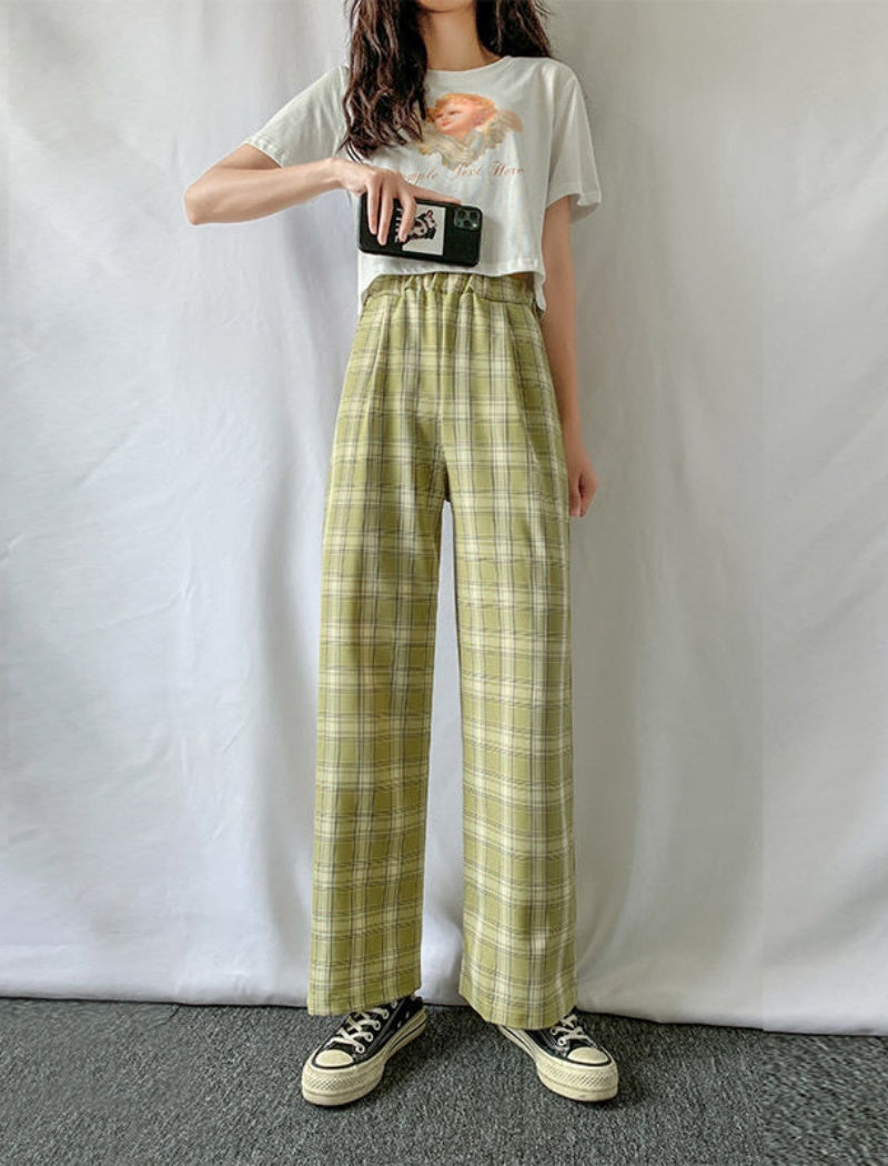 High-Waisted Plaid Straight-Leg Pants