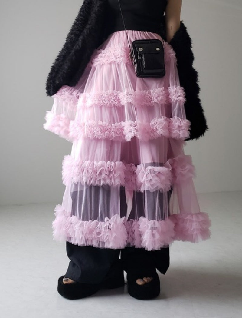 Layered Ruffle Tulle Maxi Skirt