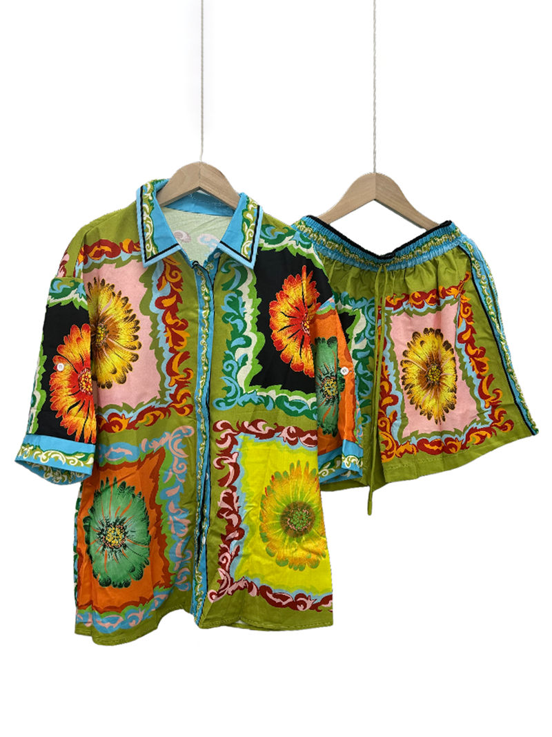 Floral Print Button-Up Shirt and Shorts Set