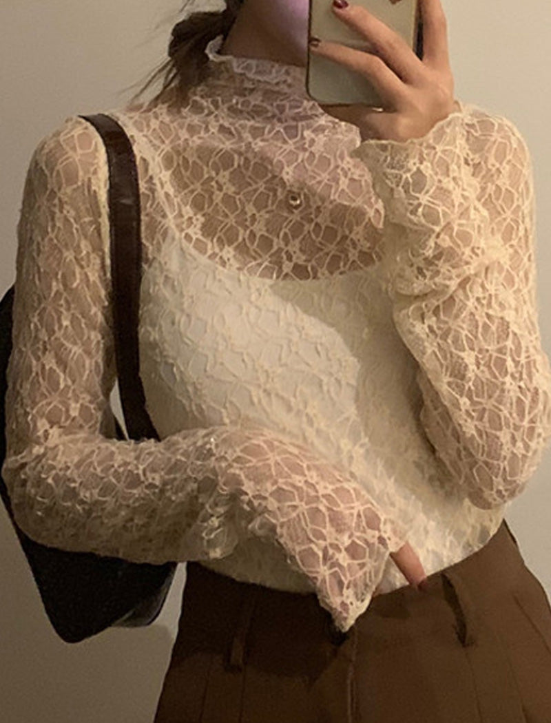 High Neck Lace Sheer Long Sleeve Top