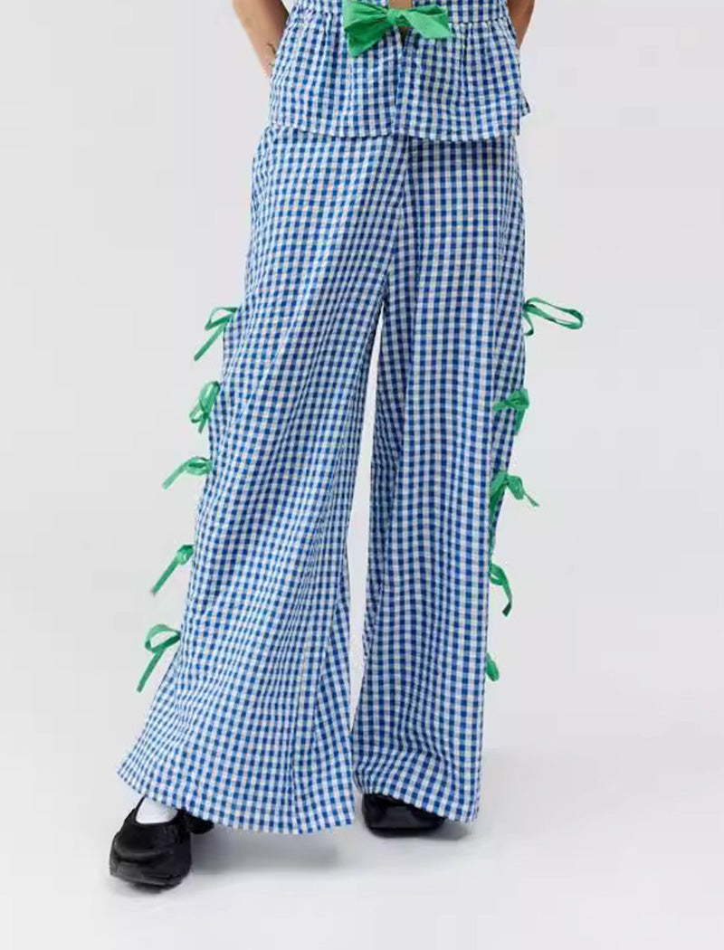 Split Side Strap Loose Checkered Pants