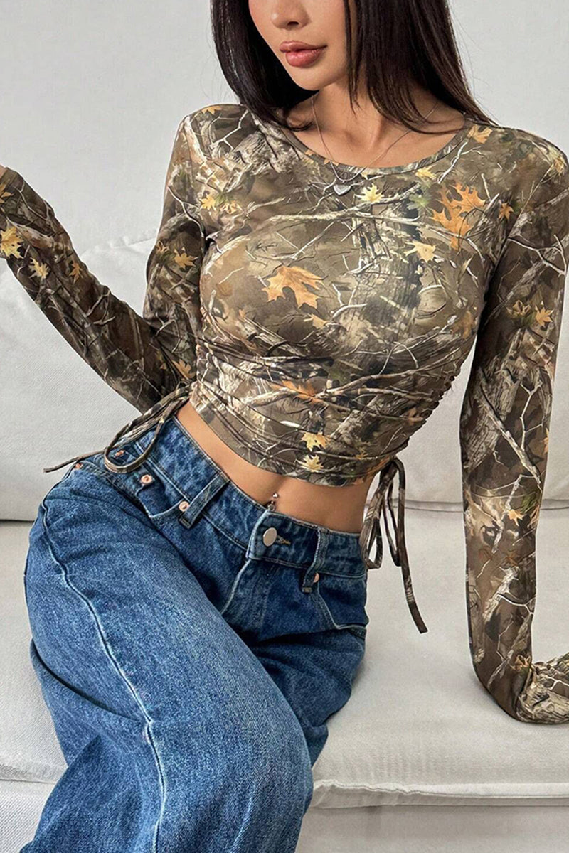 Camo Patterned Long Sleeve Crop Top