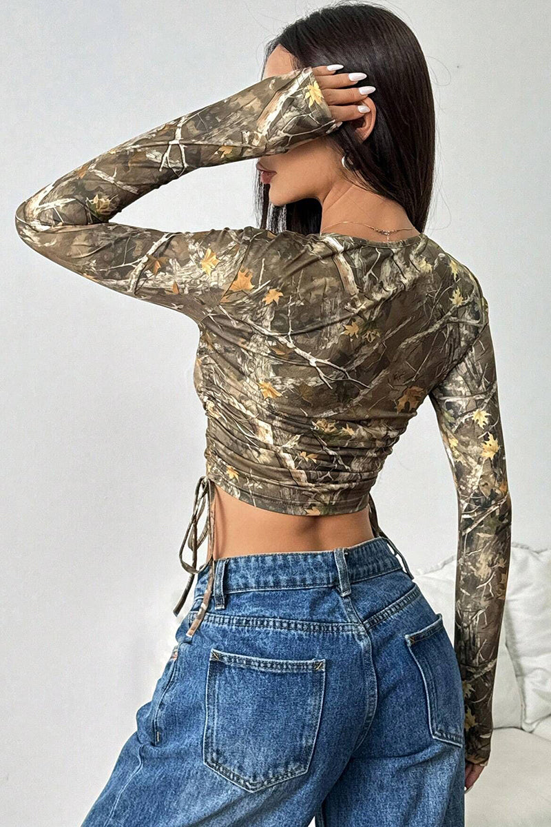 Camo Patterned Long Sleeve Crop Top