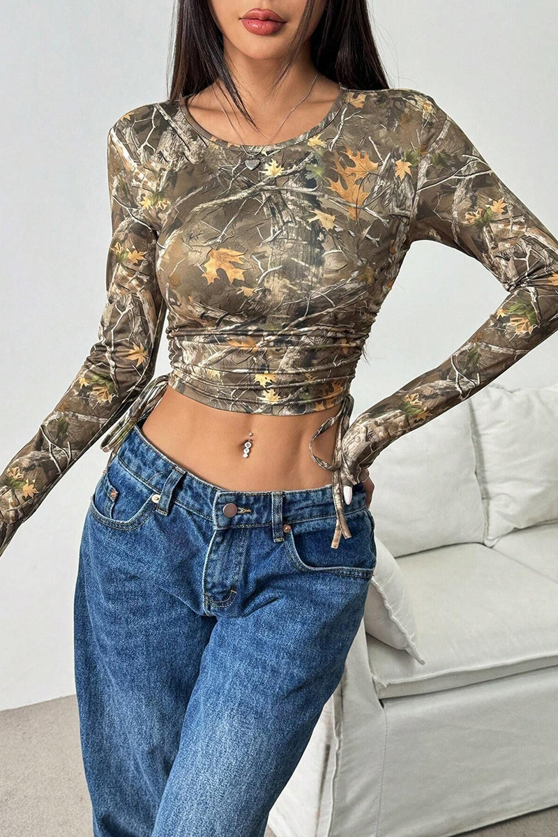 Camo Patterned Long Sleeve Crop Top