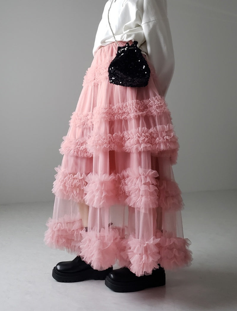 Layered Ruffle Tulle Maxi Skirt
