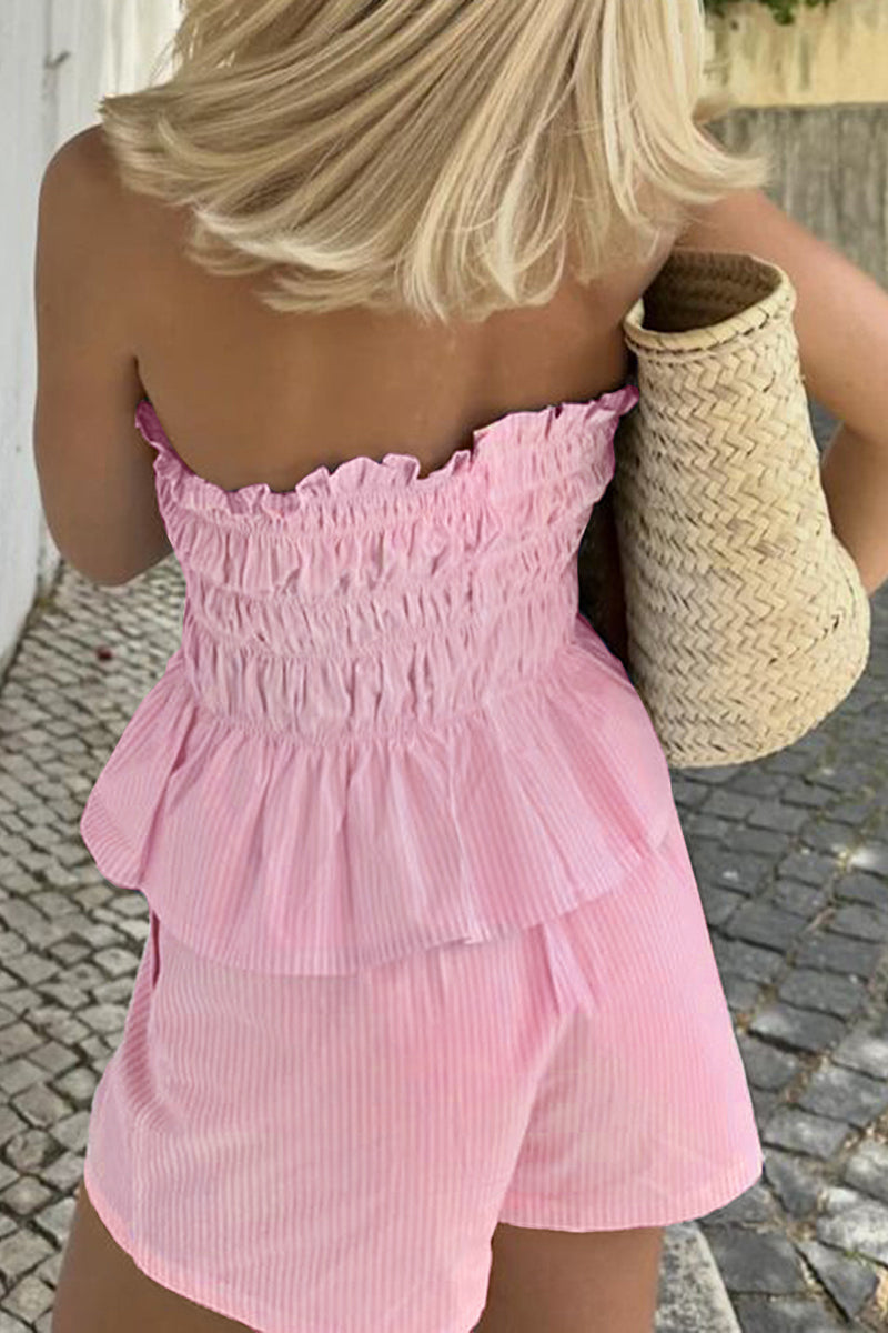 Smocked Strapless Casual Set with Ruffles