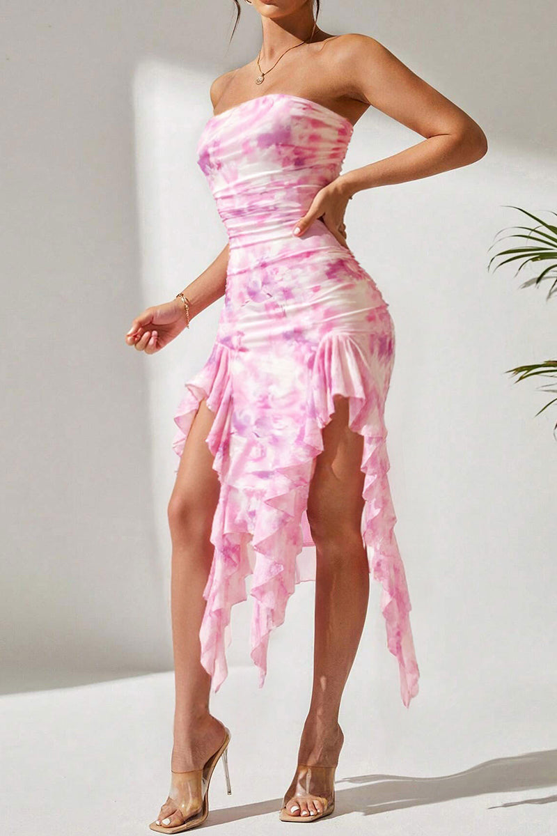 Strapless Ruffled Hem Casual Dress