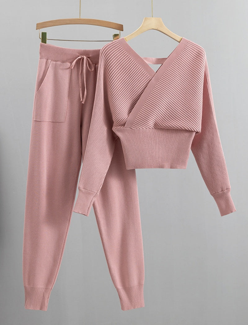 Ribbed Knit Cross-Front Lounge Set