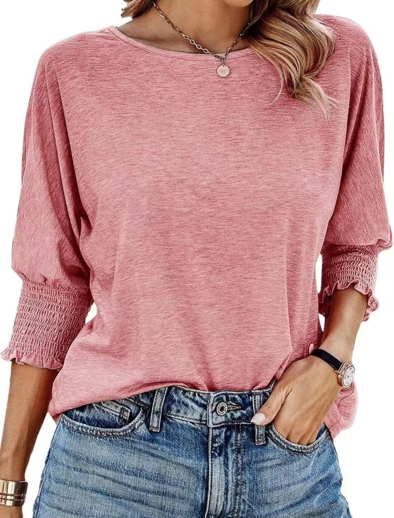 Smocked Cuff Round Neck Blouse