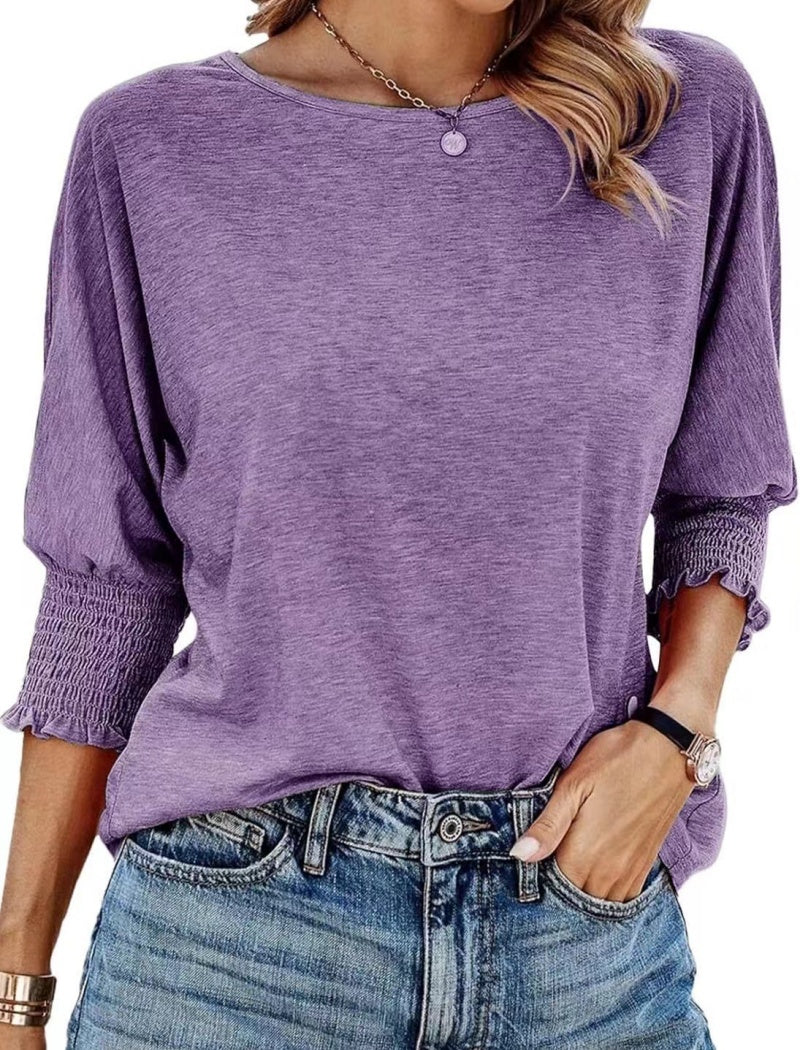 Smocked Cuff Round Neck Blouse