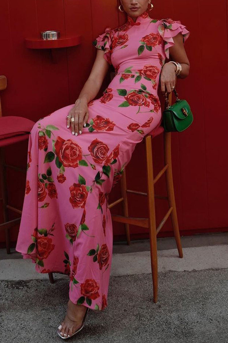 Floral High-Neck Bodycon Maxi Dress