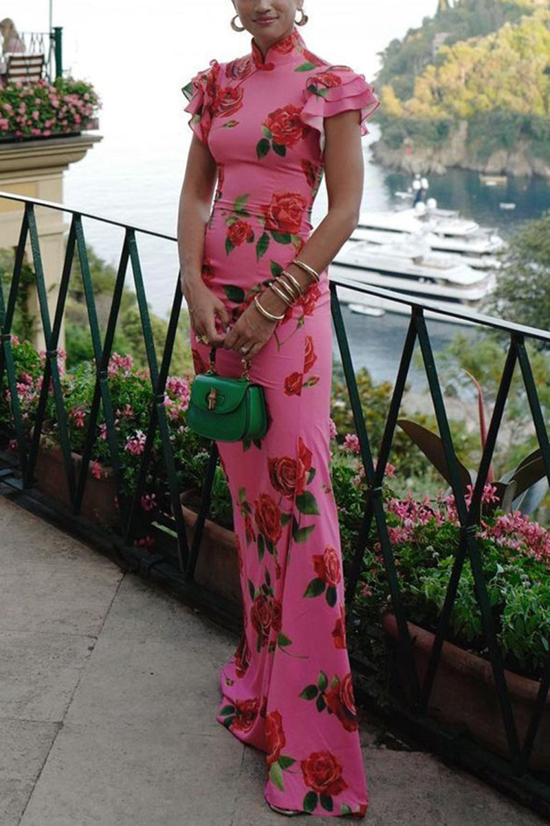 Floral High-Neck Bodycon Maxi Dress