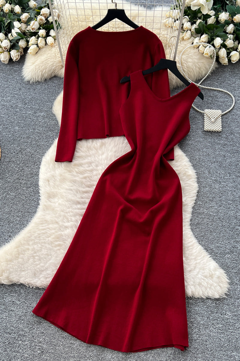 Elegant Knit Skirt Set with Buttoned Cardigan