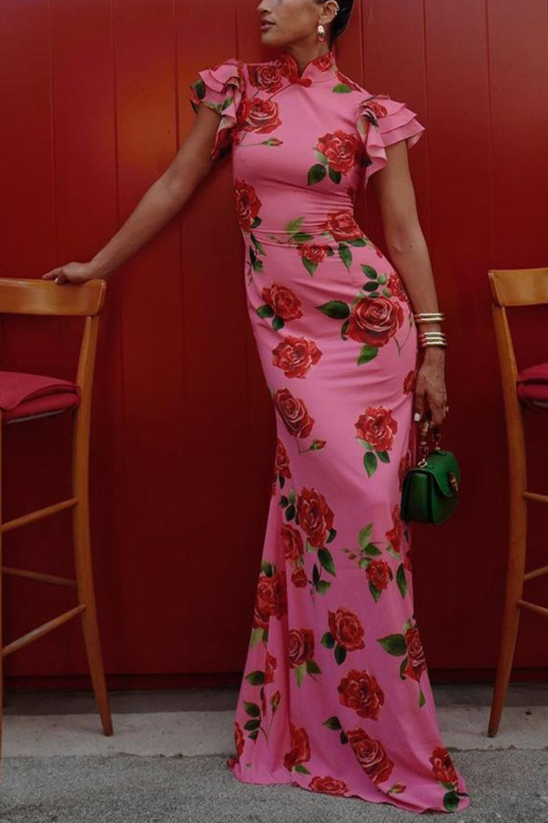 Floral High-Neck Bodycon Maxi Dress