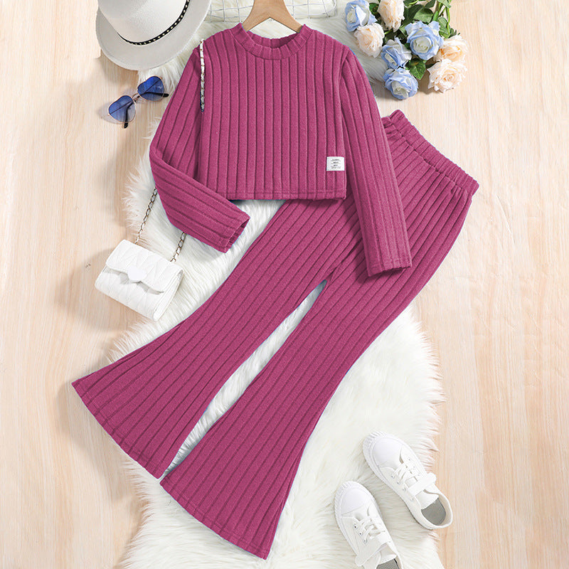 Ribbed Knit Cropped Sweater and Flare Pants Set (Kids)