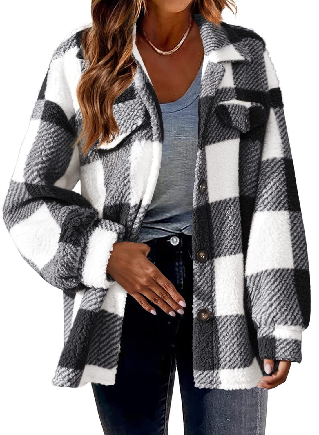Plaid Button-Up Sherpa Jacket