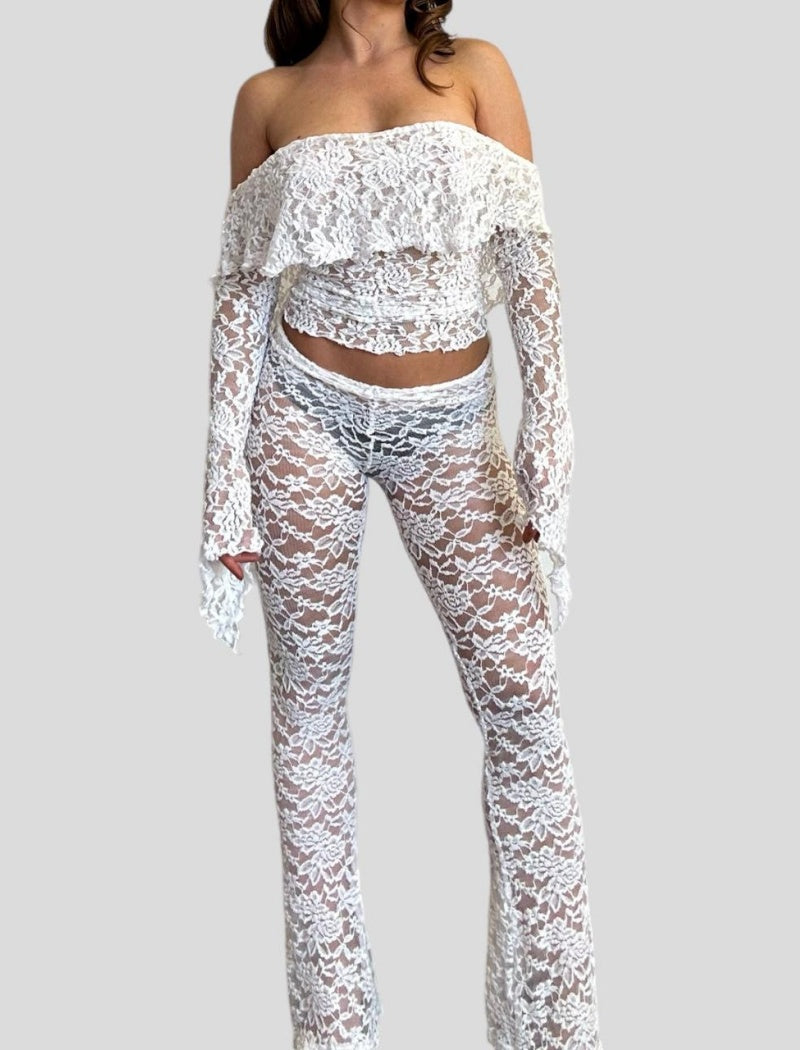 Off-Shoulder Lace Crop Top and Pants Set