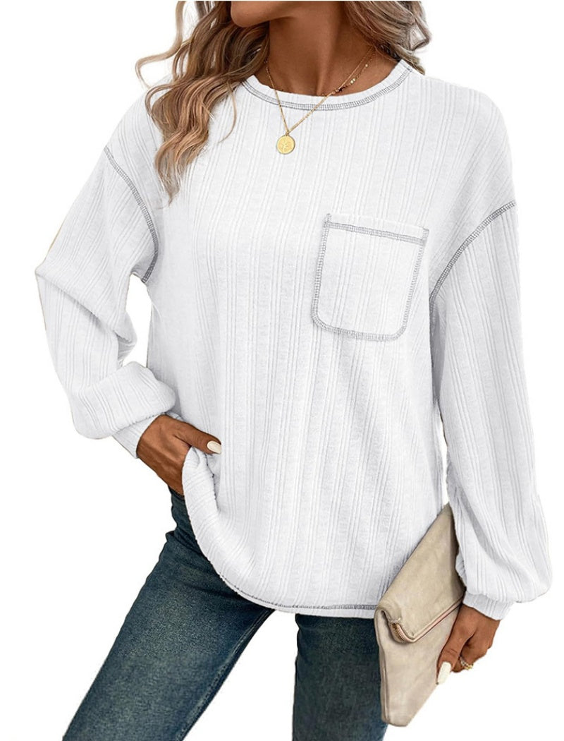 Patch Pocket Ribbed Long-Sleeve Sweater