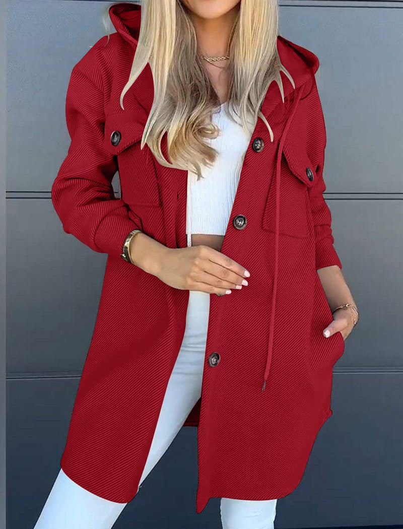 Button-Up Hooded Knit Long Coat