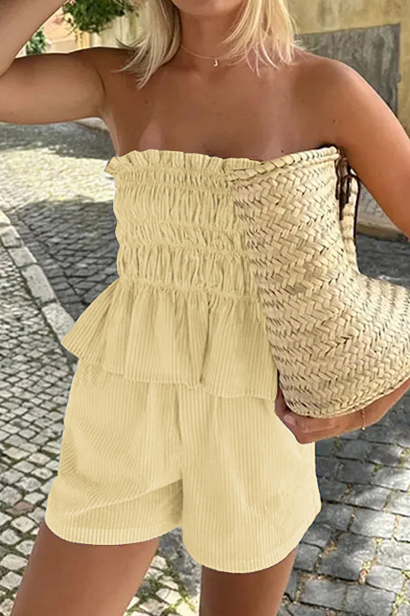 Smocked Strapless Casual Set with Ruffles