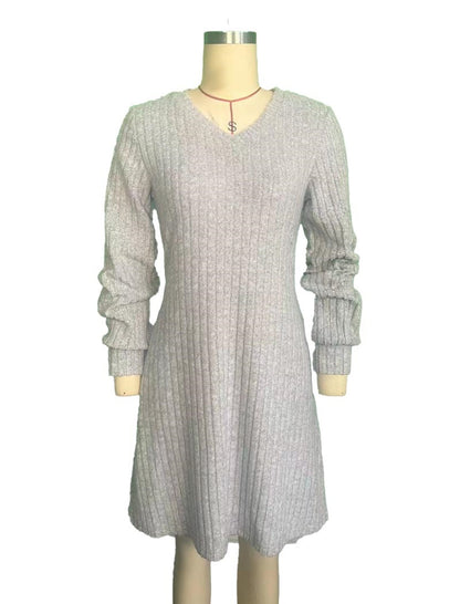 V-Neck Long Sleeve Ribbed Dress