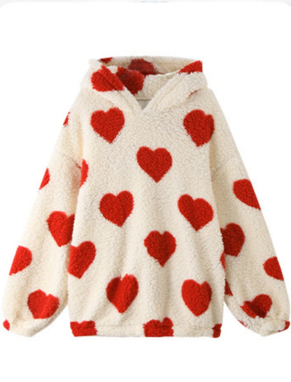 Heart Print Plush Pullover Hoodie