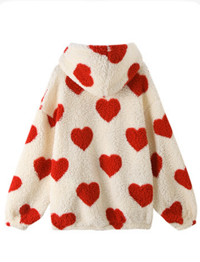 Heart Print Plush Pullover Hoodie