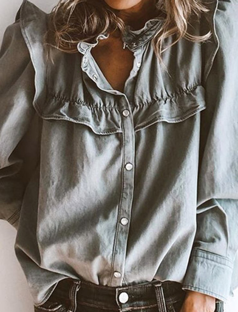Ruffled Button-Up Denim Blouse